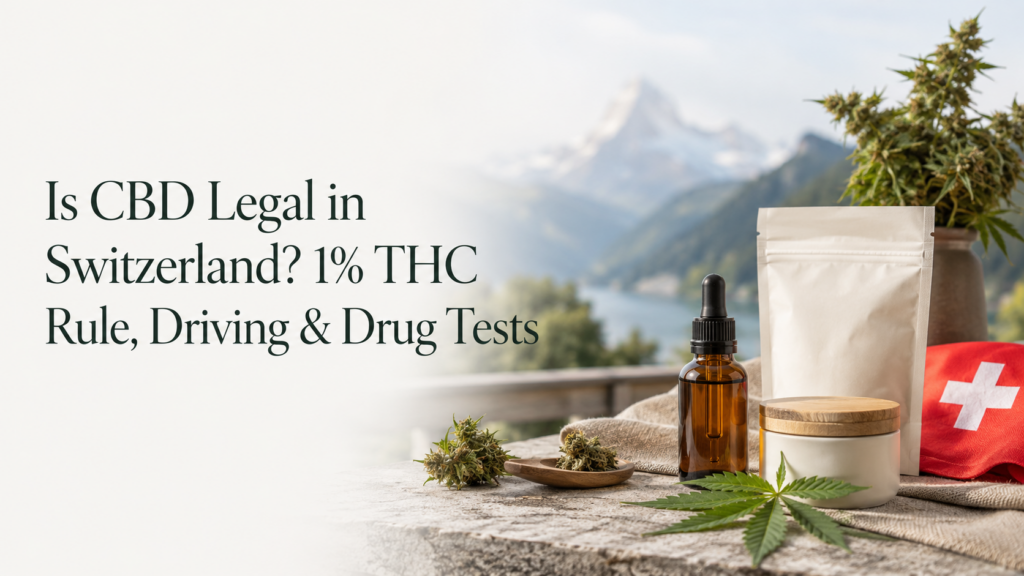 CBD oil, hemp products, and Swiss flag with alpine background for a guide about CBD legality in Switzerland, the 1% THC rule, driving, and drug tests.