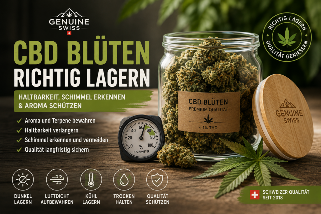 CBD Blüten richtig lagern im Glas mit Hygrometer für Haltbarkeit Schimmelprüfung und Aromaschutz