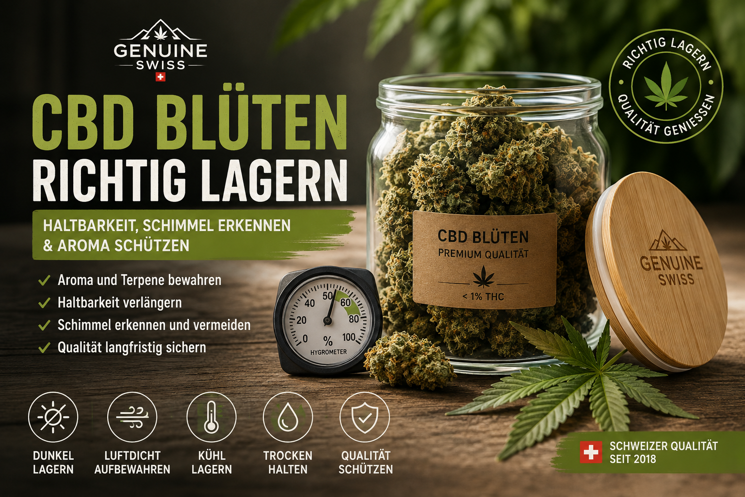 CBD Blüten richtig lagern im Glas mit Hygrometer für Haltbarkeit Schimmelprüfung und Aromaschutz