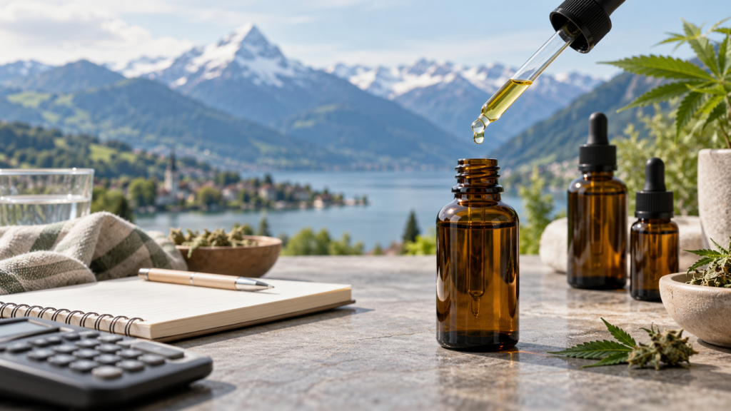 CBD-Öl mit Pipette, Braunglasflaschen, Hanfblättern und Schweizer Alpenlandschaft
