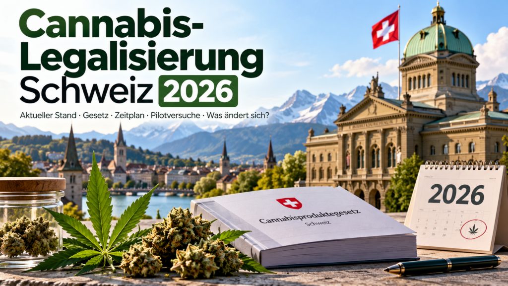 Cannabis-Legalisierung Schweiz 2026 mit Cannabisproduktegesetz, Schweizer Bundeshaus, Hanfblüten und aktuellem Rechtsstand