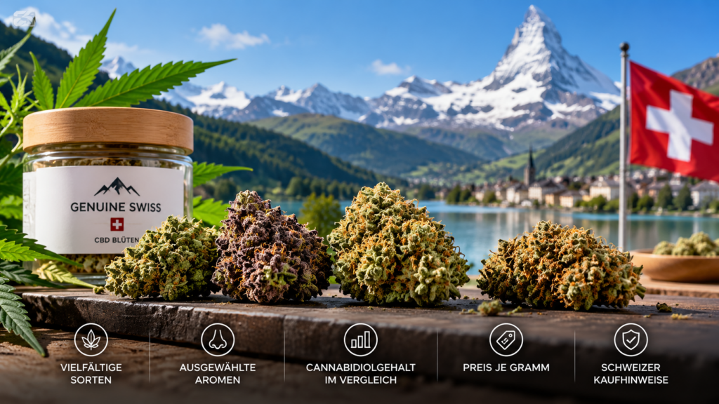 Cannabidiol-Blüten von Genuine Swiss im Vergleich vor Schweizer Berglandschaft mit Hinweisen zu Sorten, Aromen und Preis je Gramm