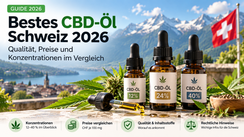 Bestes Cannabidiol-Öl Schweiz 2026 im Vergleich mit drei Ölflaschen in unterschiedlichen Konzentrationen vor einer Schweizer Alpenlandschaft.